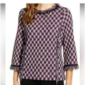 Ming Wang Tweed Knit Sweater Top Fringe Accent All Season Small
